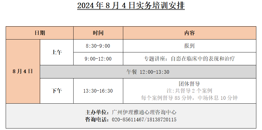 《自恋在临床中的表现和治疗》| 2024年8月白美正博士精神分析实务培训与案例督导时间安排！